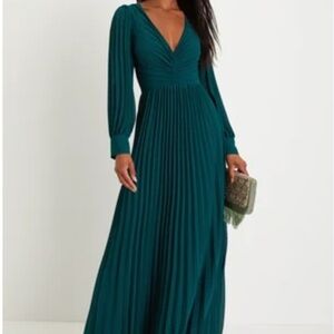Lulus Sophisticated Grace Emerald Green Pleated Long Sleeve Maxi Dress - Size S